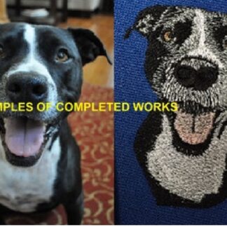 black and white dog in color photo next to embroidered black and white dog