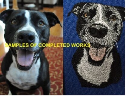 black and white dog in color photo next to embroidered black and white dog